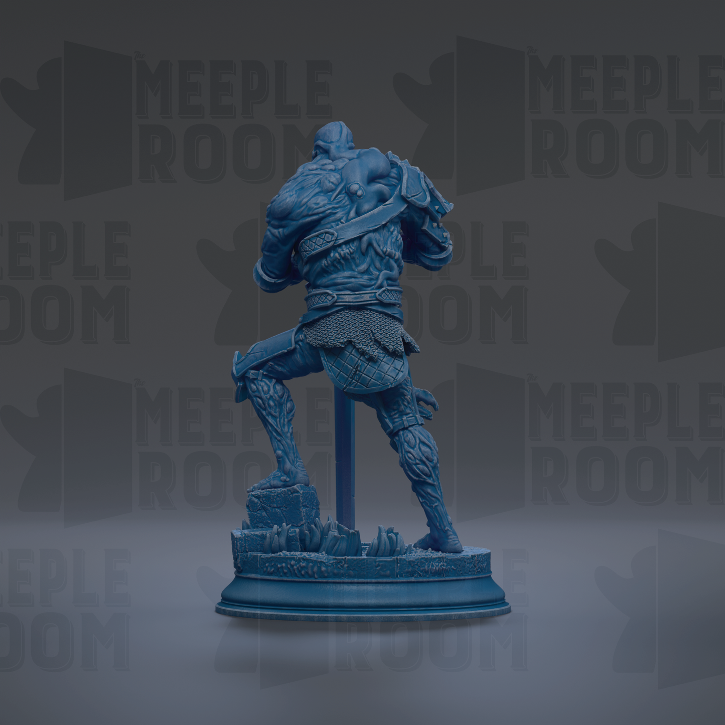 A blue statue of a muscular, armored figure stands on a pedestal against a dark background with repeated text.