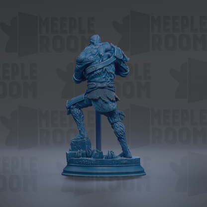 A blue statue of a muscular, armored figure stands on a pedestal against a dark background with repeated text.