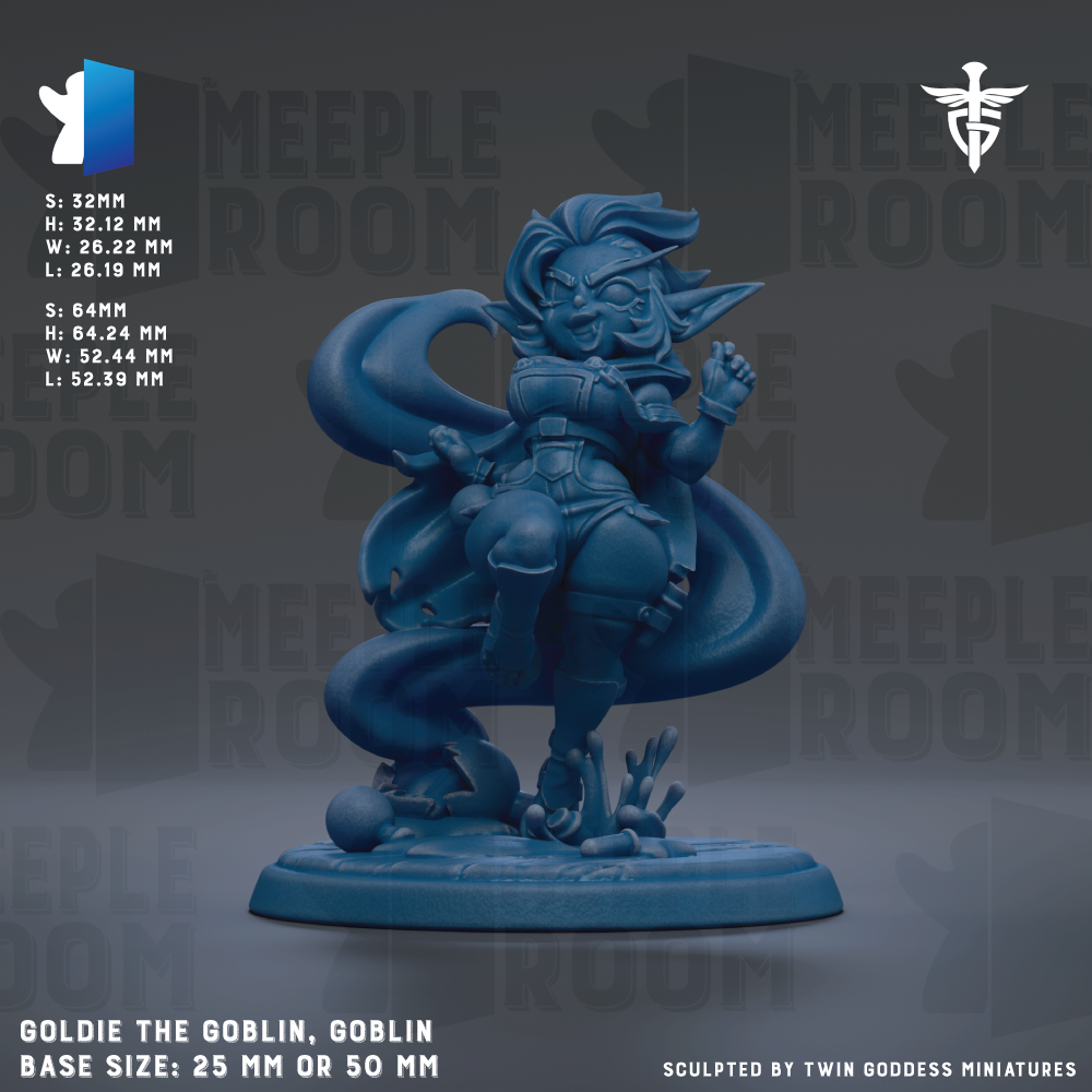 The image is a detailed 3D model of a blue figurine of a character named GOLDIE the Goblin, a type of fantasy creature. The figurine is standing on a base and has a long, flowing tail. The base size of the figurine is either 25mm or 50mm. The image is a collage of multiple images, and it is sculpted by Twin Goddess Miniatures.
