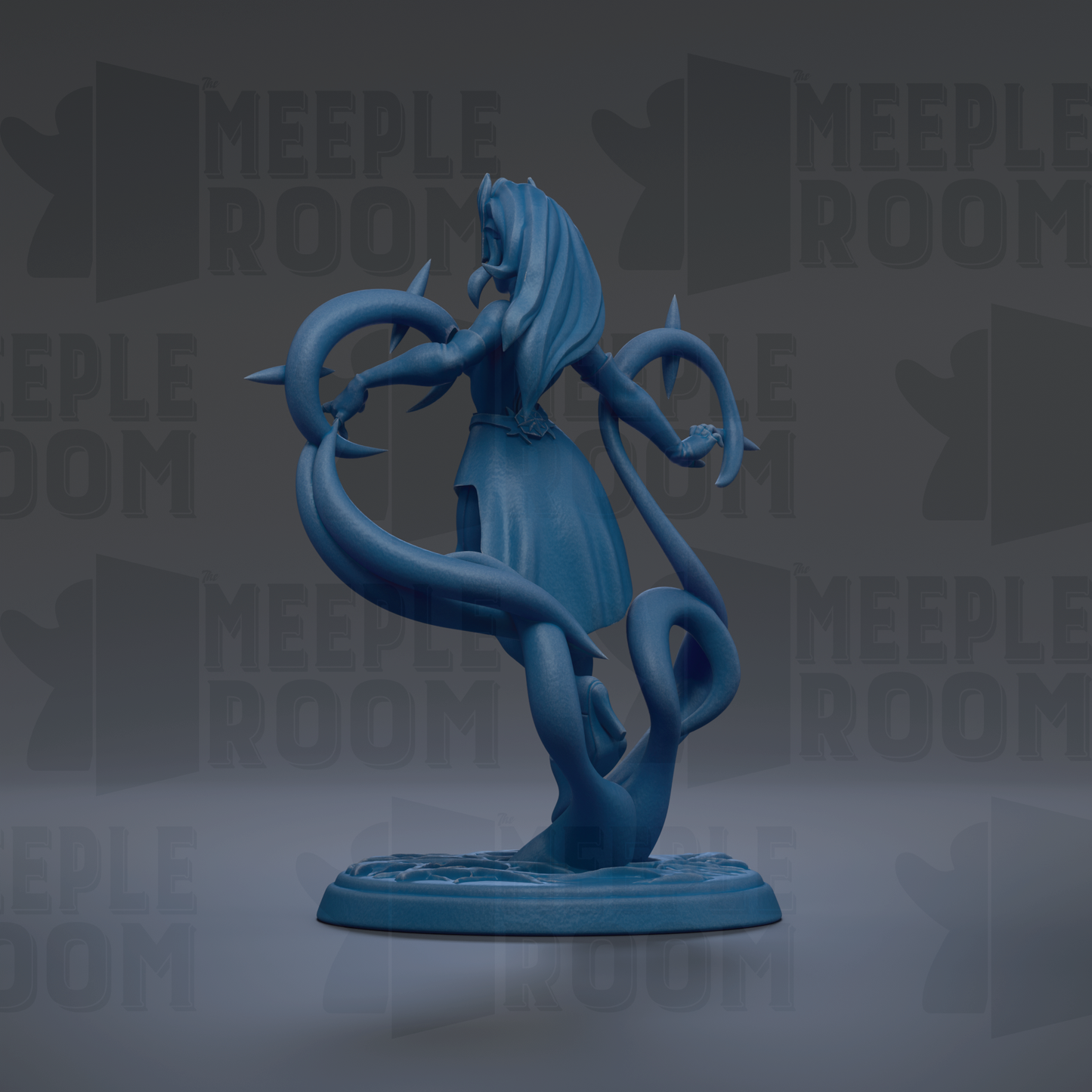A blue figurine of a woman with long hair and a flowing dress, holding a staff, standing on a base.