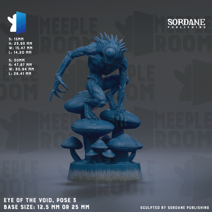 The image is a 3D rendering of a blue, fantastical creature with spiky hair and claws, standing on a mushroom-like base. The creature appears to be a character from a video game or other digital media. The image is described as the "Eye of the Void" and is shown in a pose of the creature. The base size of the figure is either 12.5 mm or 25 mm, depending on the interpretation. The image is published by Sordane Publishing.
