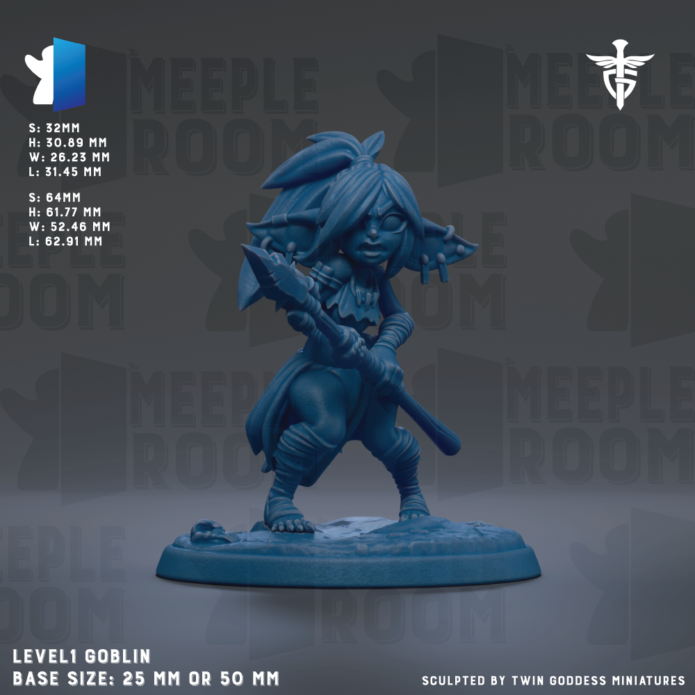 A blue figurine of a female character, likely a deity or deity-like figure, is shown in a dynamic pose with a weapon in hand. The figurine is set against a dark background with repeated text and logos.