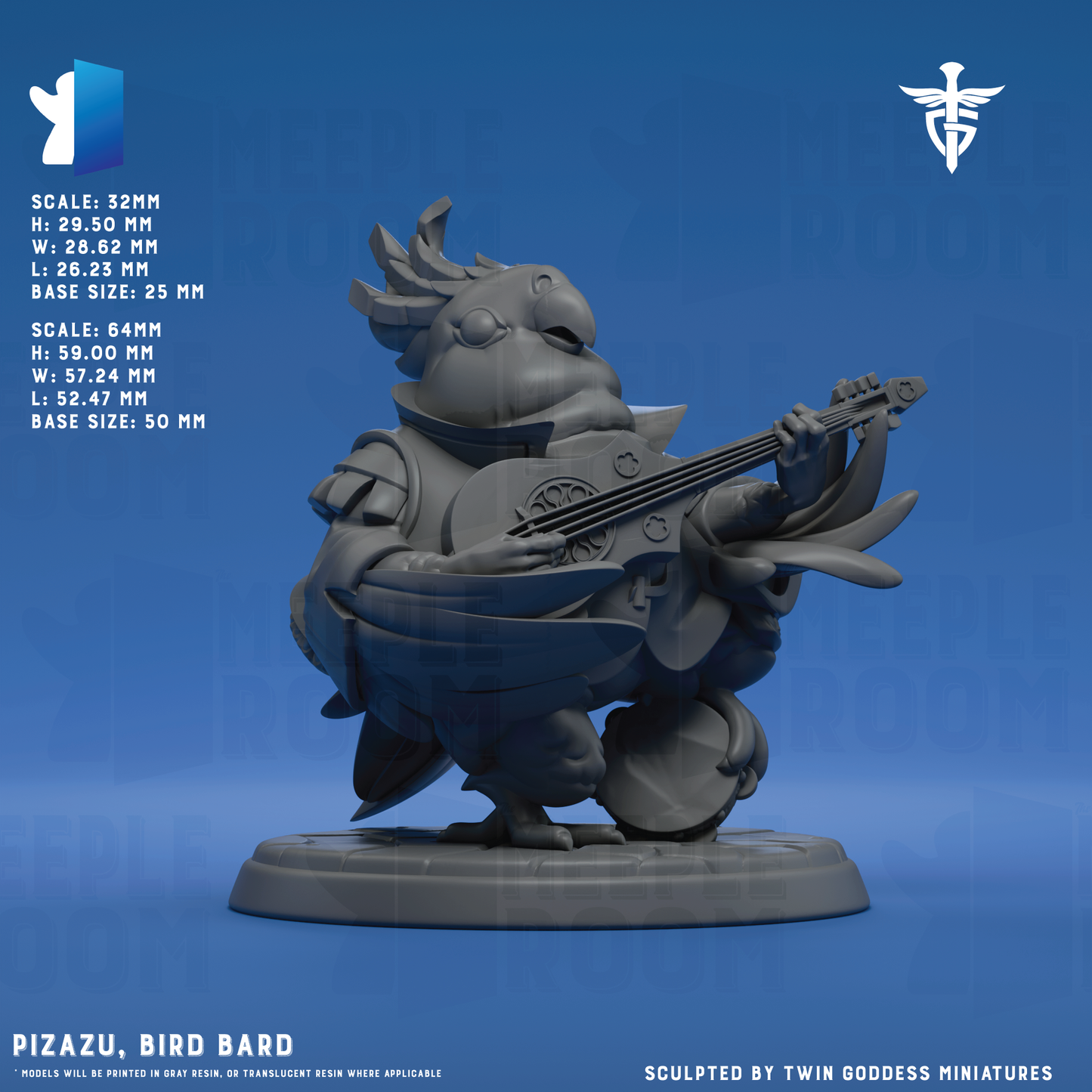 Pizazu, Bird Bard by Twin Goddess Miniatures | Miniature | TTRPG | Unpainted | Print on Demand