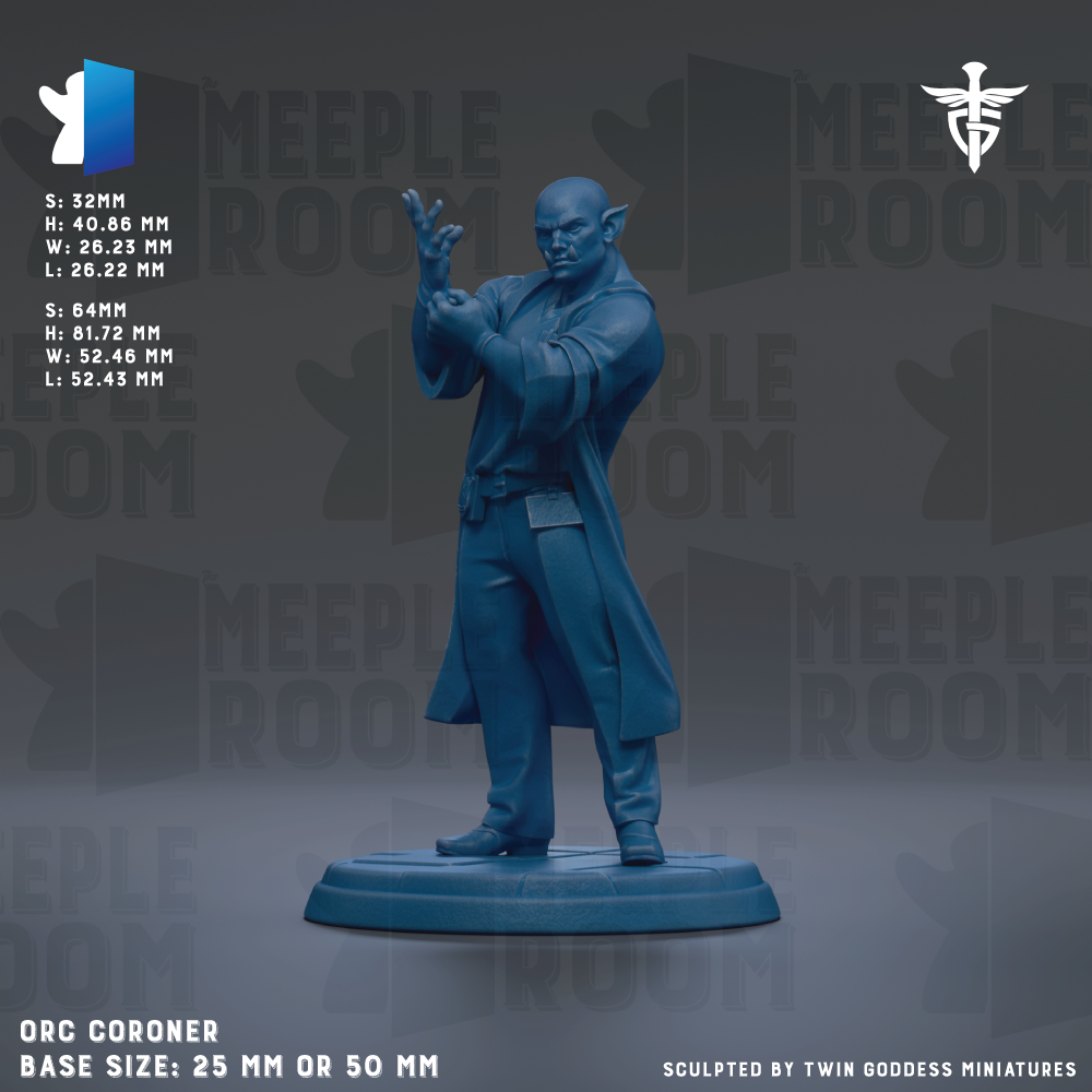 a figurine of a character with a bald head and a serious expression, standing on a base and holding a weapon. The figurine is described as an "ORC Coroner" and has a base size of 25mm or 50mm. The background of the image is a dark gray color, and there is text that reads "MEEPLE ROOM" repeated multiple times throughout the image.