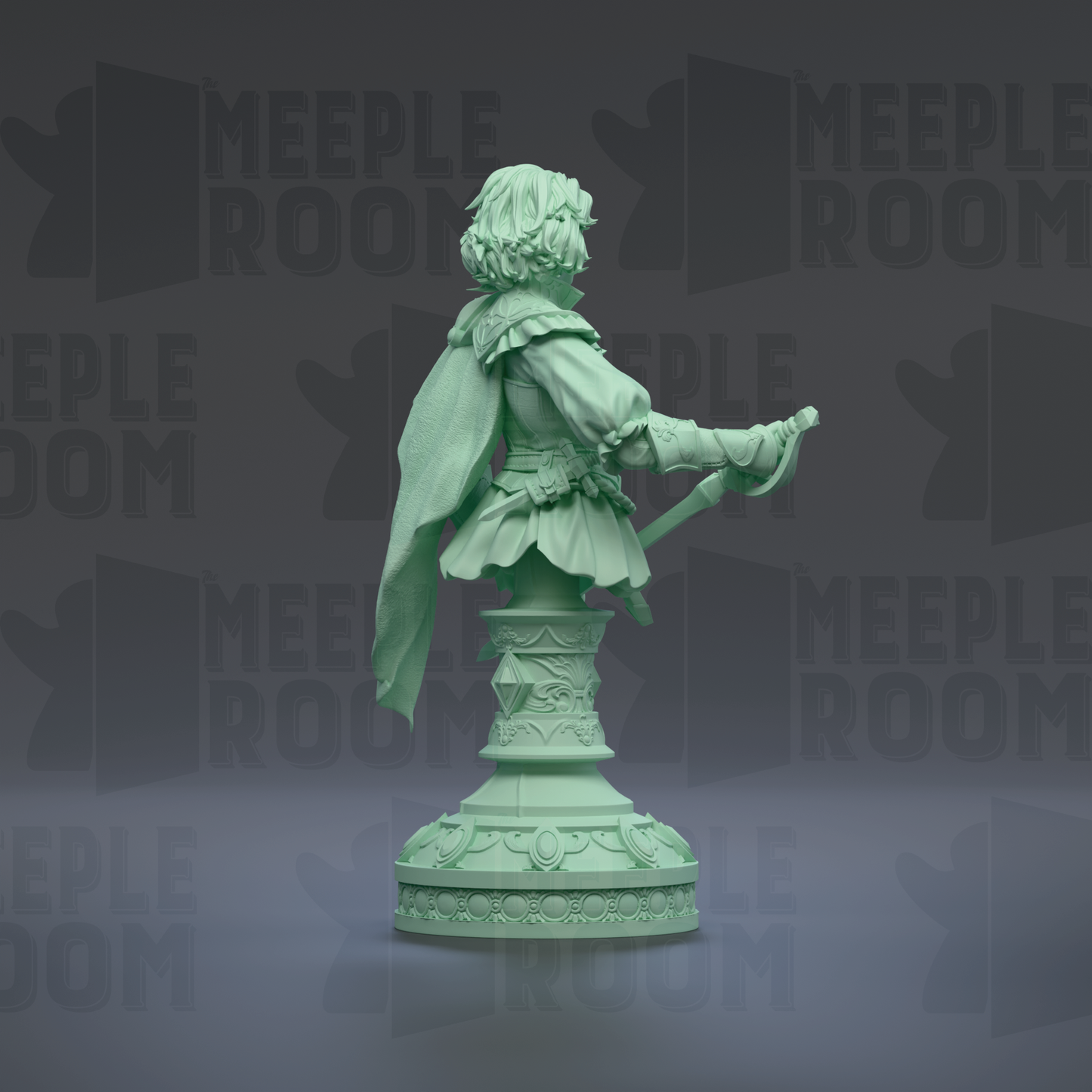 A green statue of a person holding a sword and shield, standing on a pedestal.