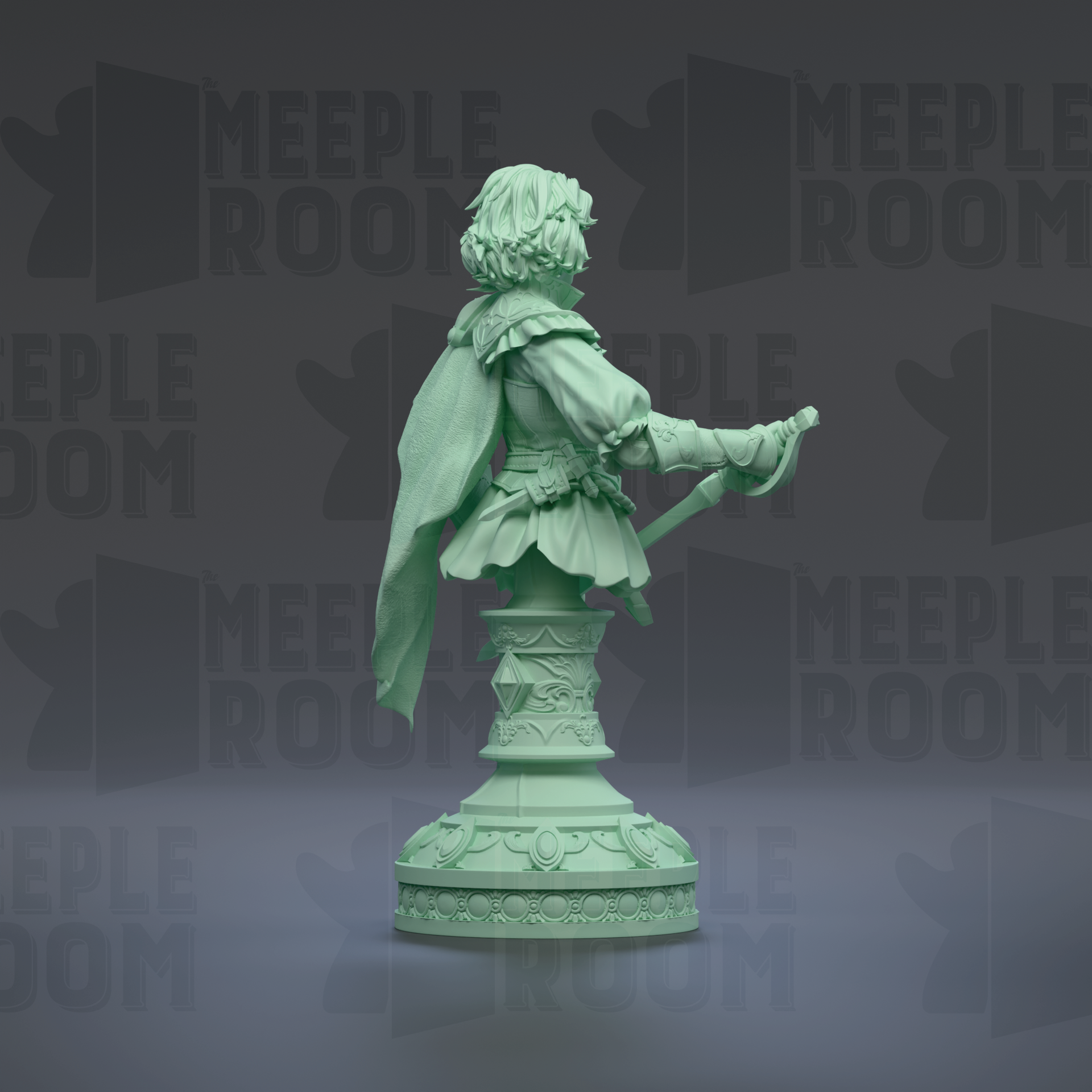 A green statue of a person holding a sword and shield, standing on a pedestal.