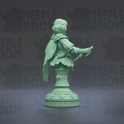 A green statue of a person holding a sword and shield, standing on a pedestal.
