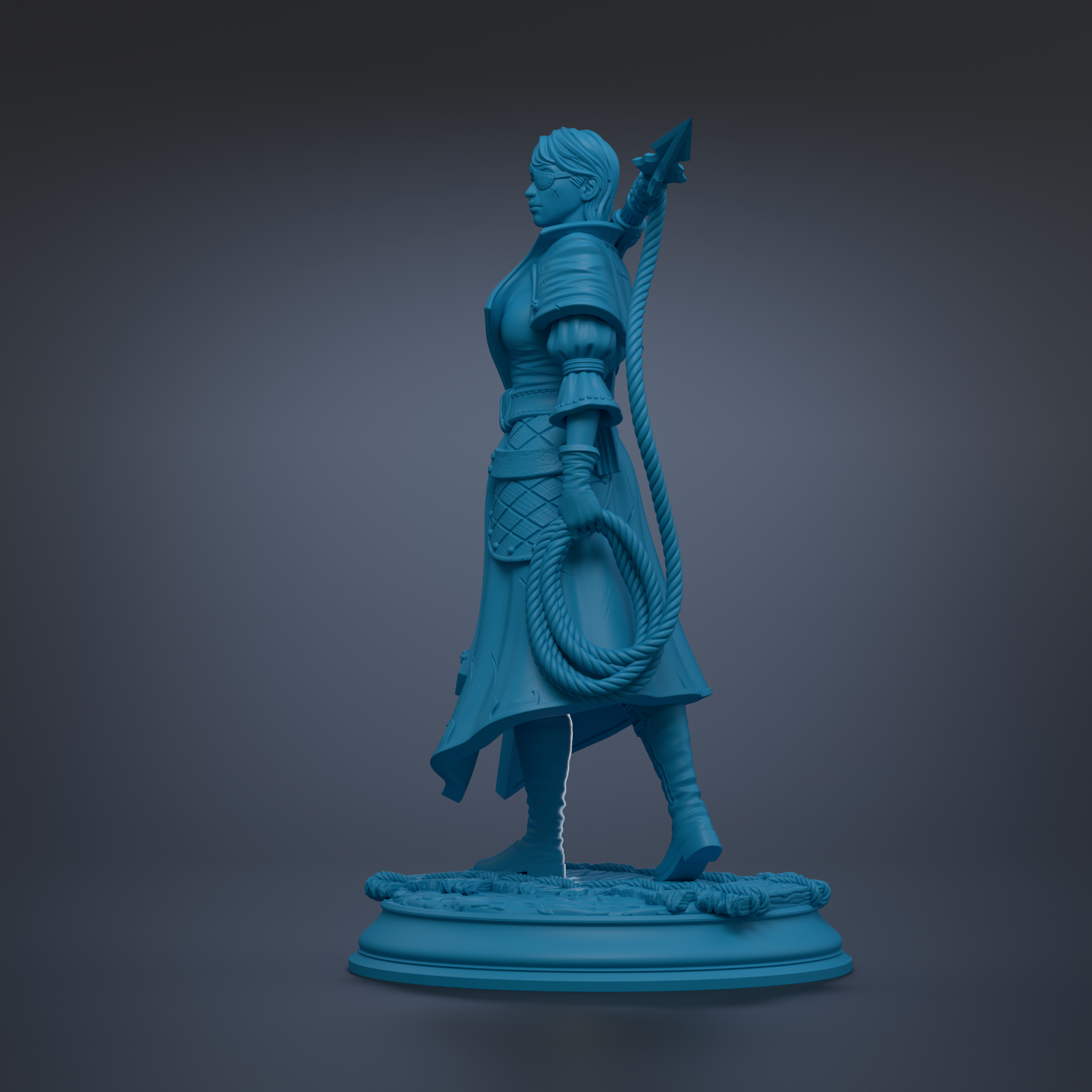 A blue statue of a woman holding a rope and a spear, standing on a pedestal.