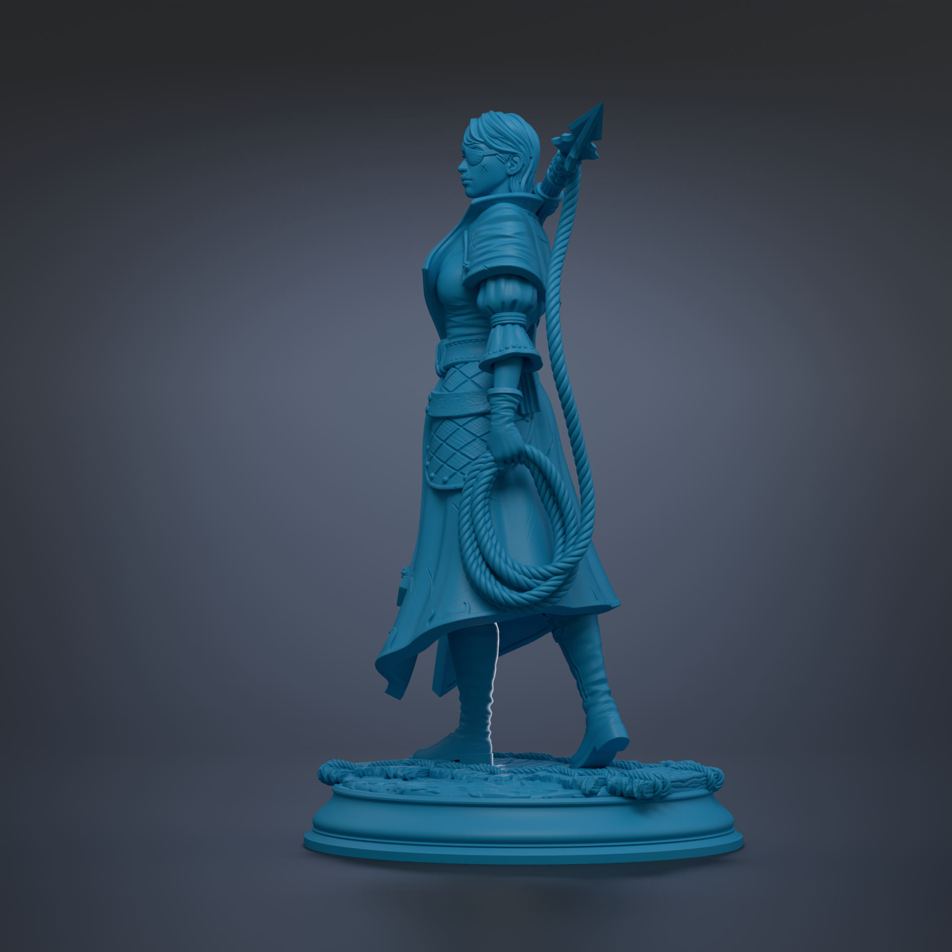 A blue statue of a woman holding a rope and a spear, standing on a pedestal.