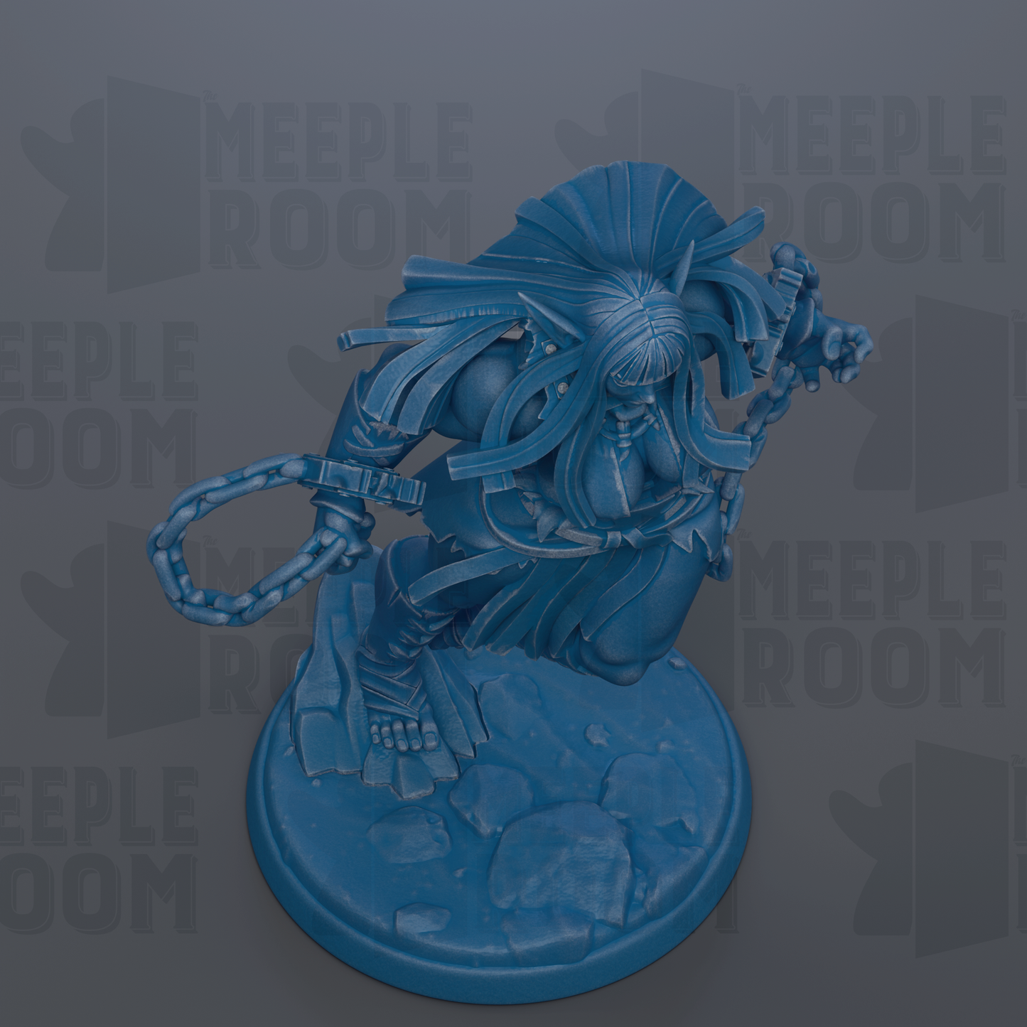 A blue figurine of a character with long hair and a distinctive hairstyle, standing on a blue base.