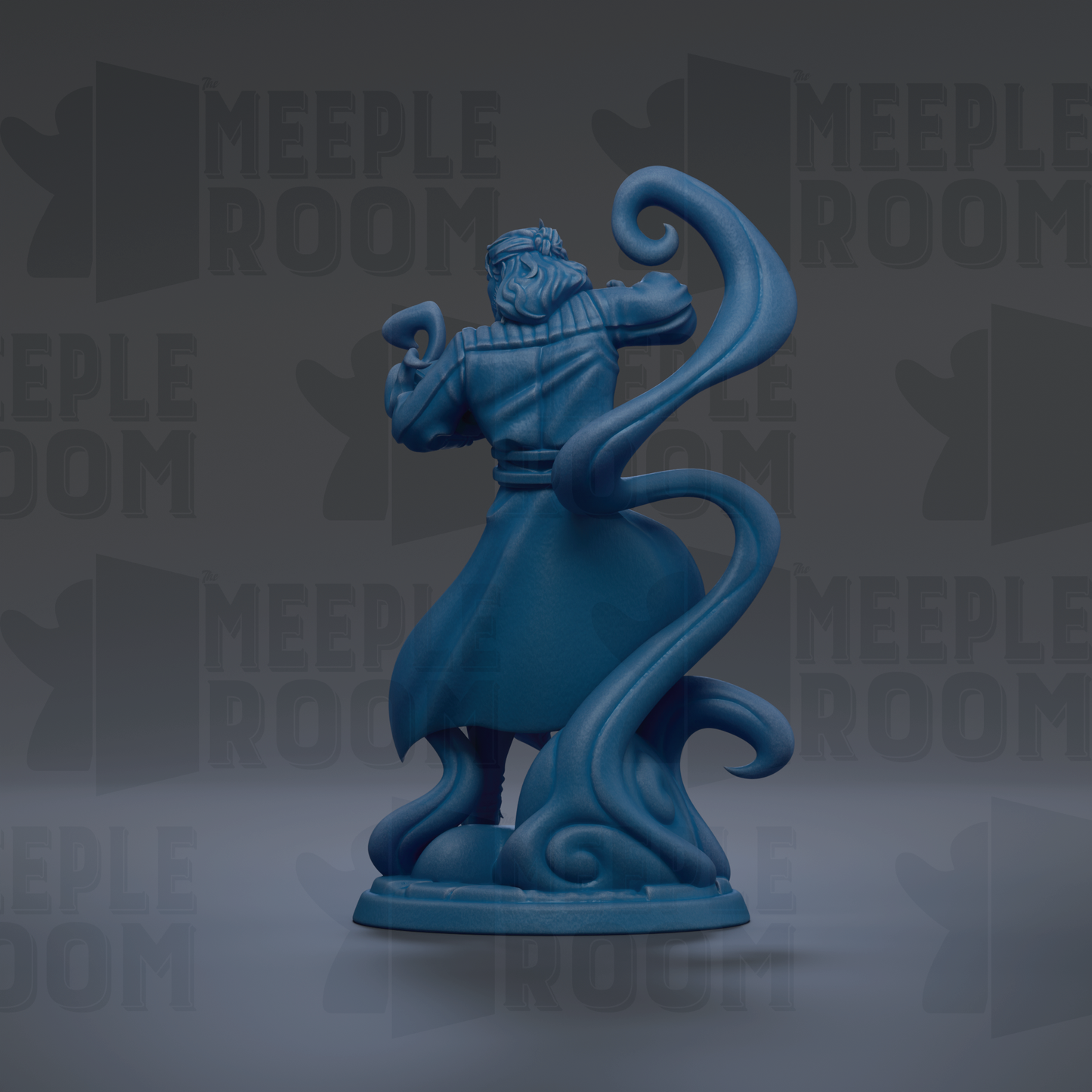 A blue figurine of a person with a long, flowing skirt and a headdress, standing on a pedestal against a dark background with repeated text.