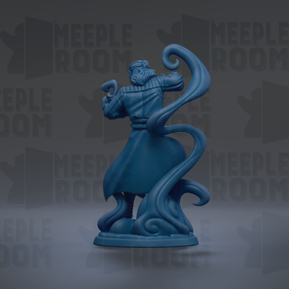 A blue figurine of a person with a long, flowing skirt and a headdress, standing on a pedestal against a dark background with repeated text.