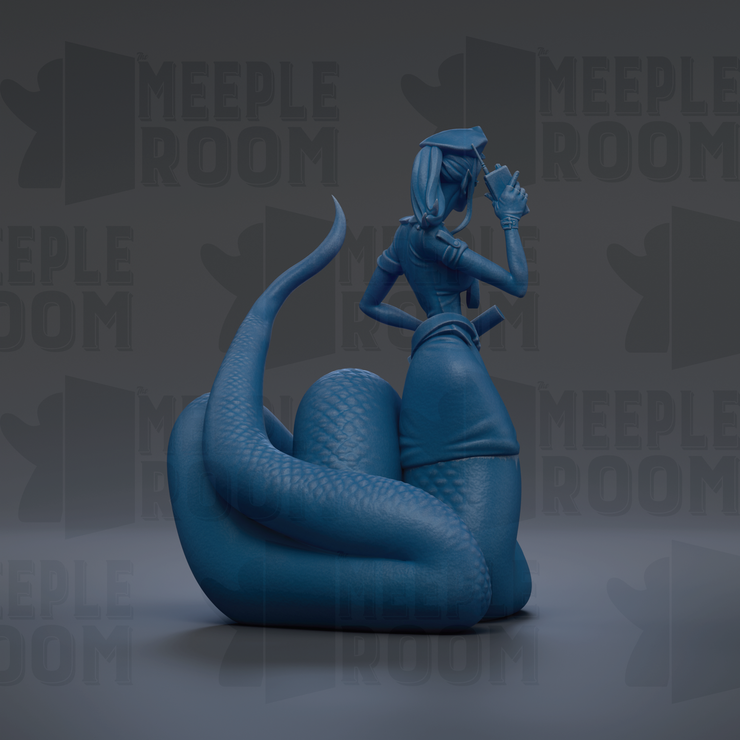 A blue, snake-like creature with a human-like body and head is depicted in the image.