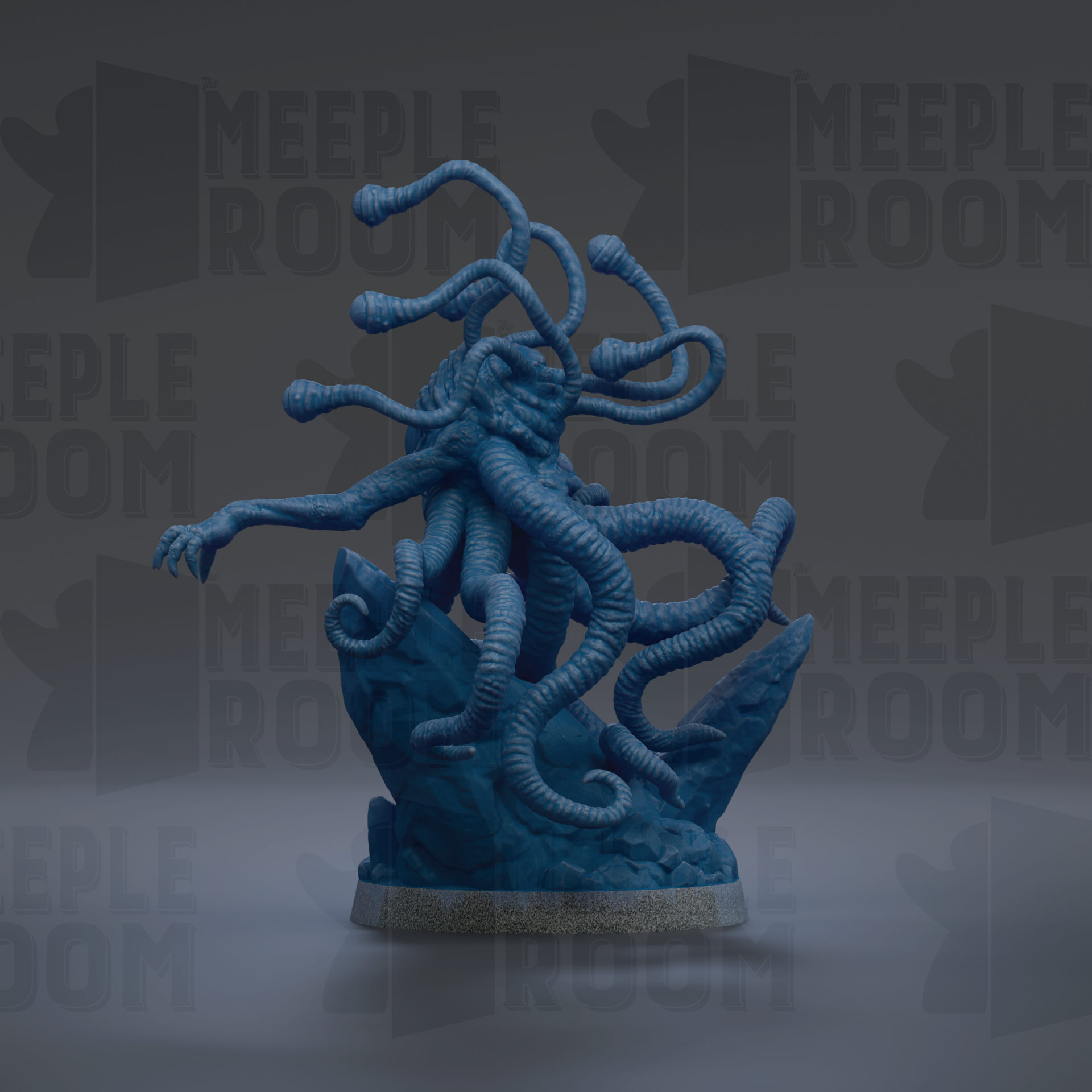 A blue, abstract sculpture with multiple tentacles and a large head, set against a dark background with repeated text.