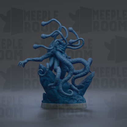 A blue, abstract sculpture with multiple tentacles and a large head, set against a dark background with repeated text.