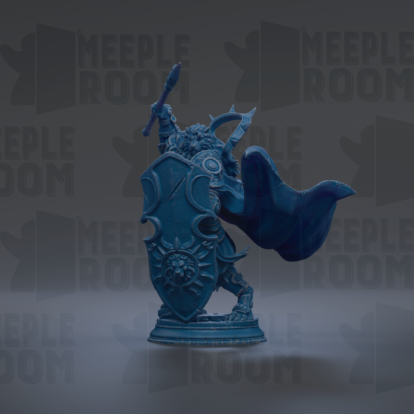 A blue statue of a warrior figure holding a shield and sword, standing on a pedestal.