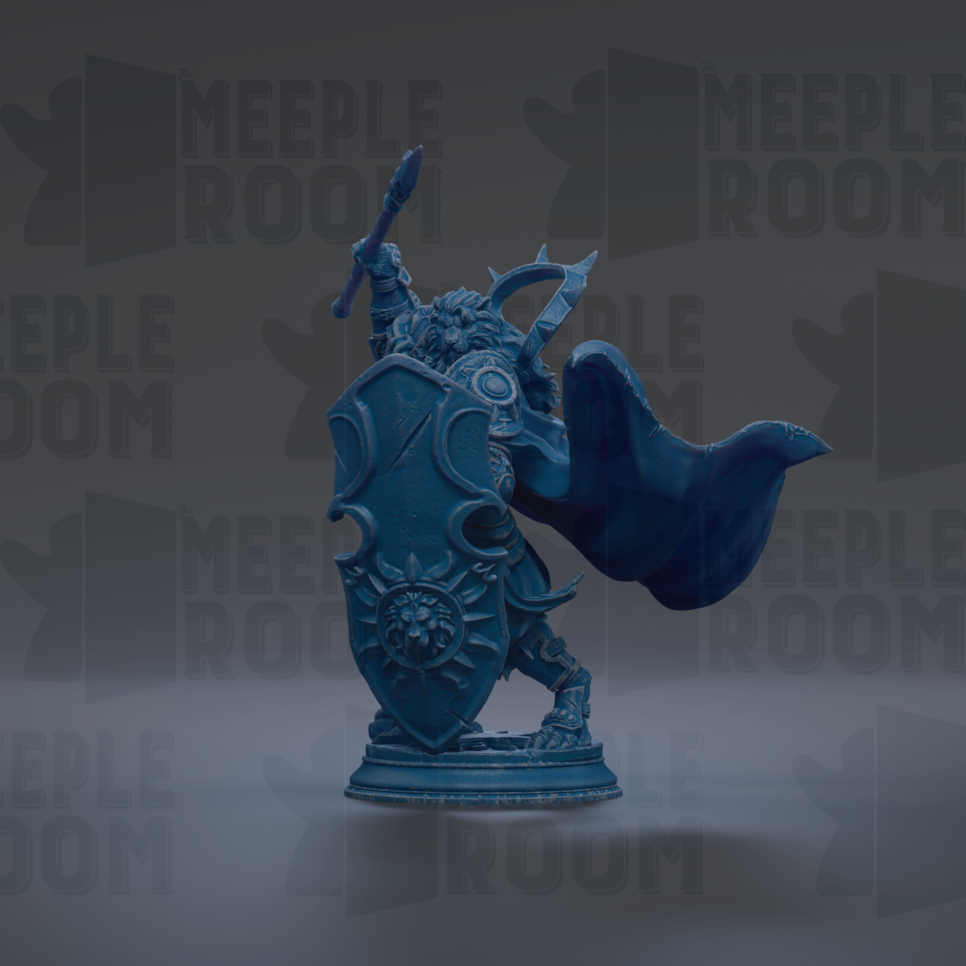 A blue statue of a warrior figure holding a shield and sword, standing on a pedestal.