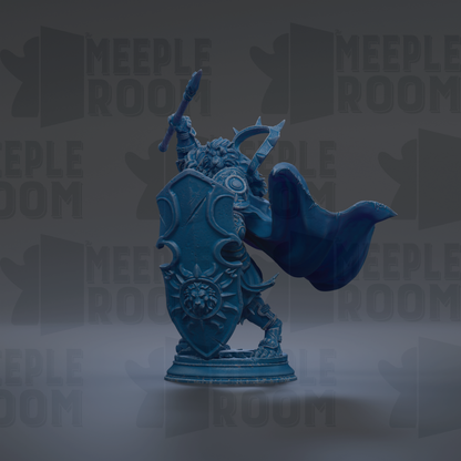 A blue statue of a warrior figure holding a shield and sword, standing on a pedestal.