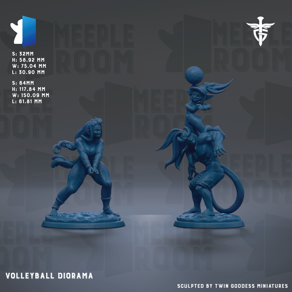 The image is a promotional image for a volleyball diorama, featuring two figurines of volleyball players in action. The figurines are blue and are set against a dark background with repeated text and logos.