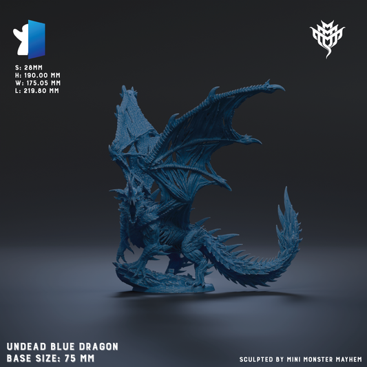 The image is a 3D rendering of a blue dragon statue, with the dragon's wings spread wide and its tail curled up. The dragon is depicted in a dynamic pose, standing on one leg and facing to the right. The image is described as an "UNDEAD BLUE DRAGON" and is shown in a base size of 75 millimeters. The image is a 3D rendering of a dragon statue, and it is described as being sculpted by a mini monster Mayhem.
