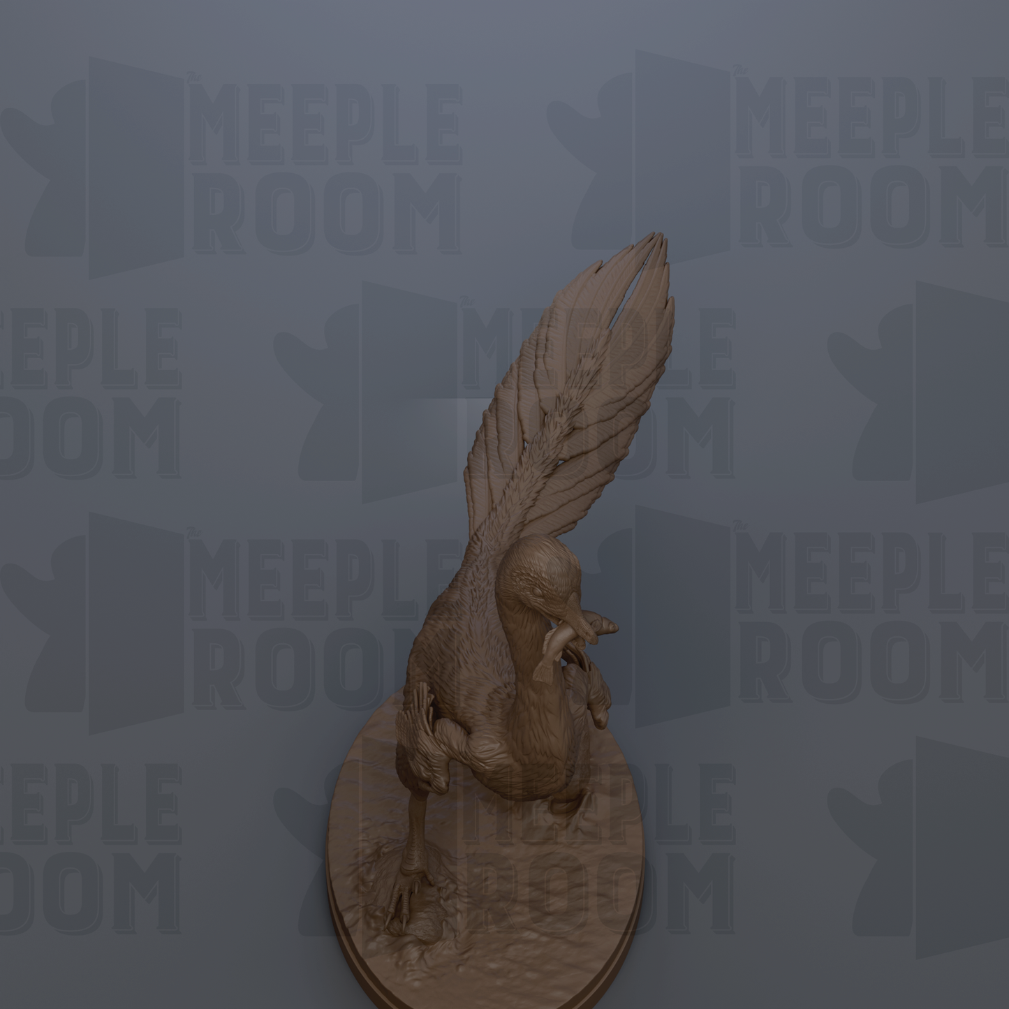 A 3D rendering of a bird sculpture with a large, curved wing.