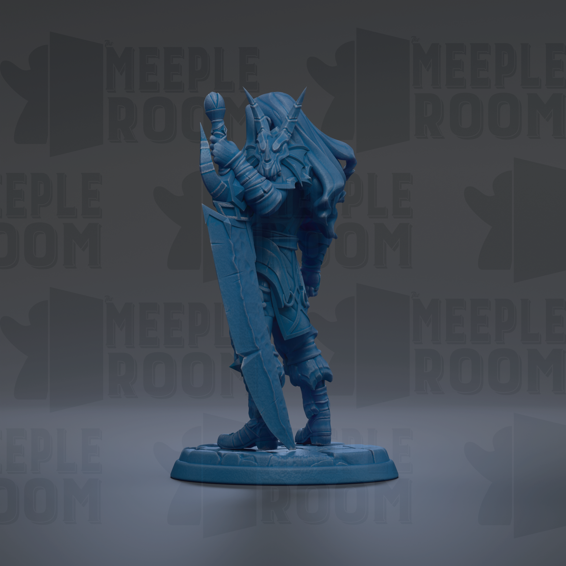 A blue figurine of a warrior standing on a base, holding a sword and shield, against a dark background with repeated text.