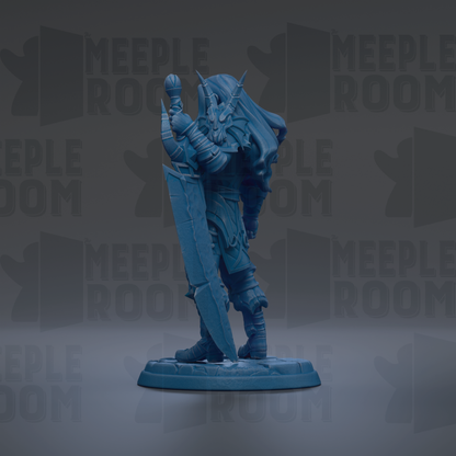 A blue figurine of a warrior standing on a base, holding a sword and shield, against a dark background with repeated text.