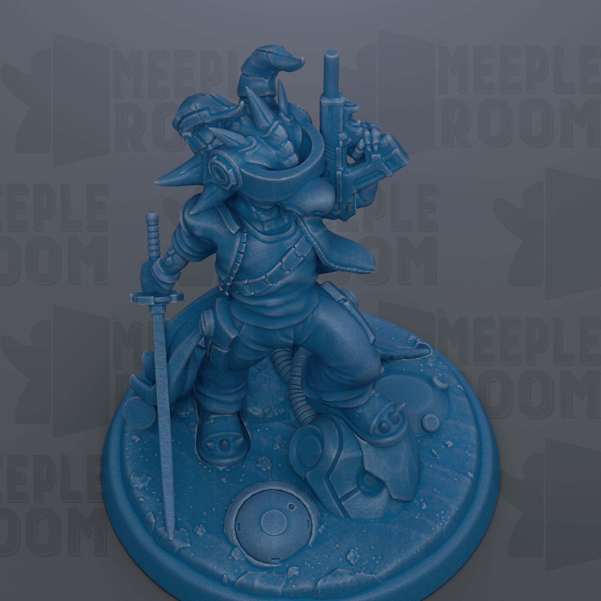 A blue 3D model of a character holding a gun and a sword, standing on a circular base.