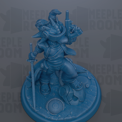A blue 3D model of a character holding a gun and a sword, standing on a circular base.