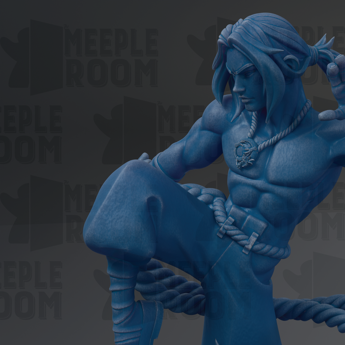 A blue statue of a muscular, battle-ready figure with a determined expression, set against a dark background with repeated text.