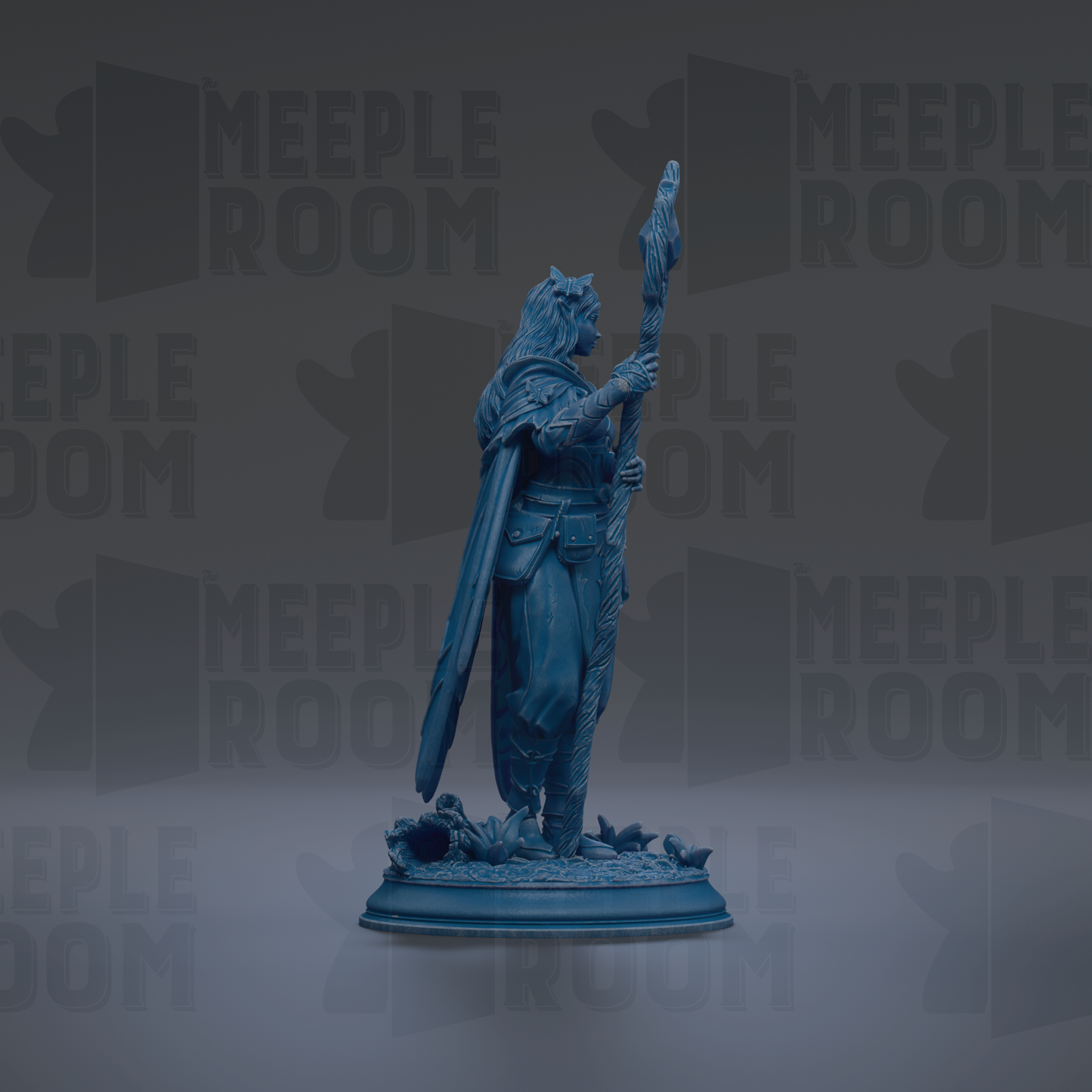 A blue statue of a figure holding a staff and shield, standing on a pedestal against a dark background with repeated text.