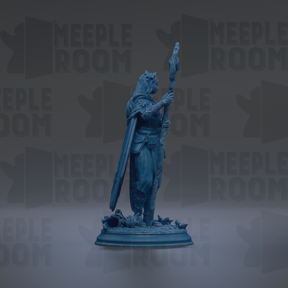 A blue statue of a figure holding a staff and shield, standing on a pedestal against a dark background with repeated text.
