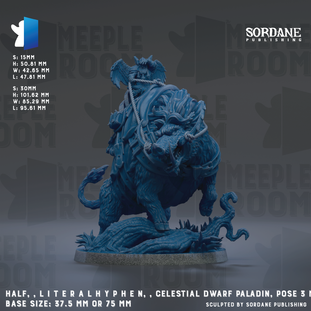 The image is a figurine of a celestial dwarf paladin, a type of fantasy creature, posed on a rock. The figurine is described as half, literally hyphhen, and celestial in nature, and is shown in a 3-base size. The figurine is published by Sordane Publishing.