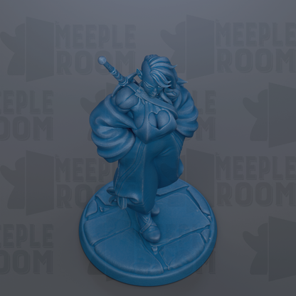 A blue figurine of a person holding a heart-shaped object, standing on a circular base.