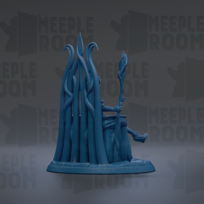 A blue figurine of a seated figure holding a staff, set against a dark background with repeated text.