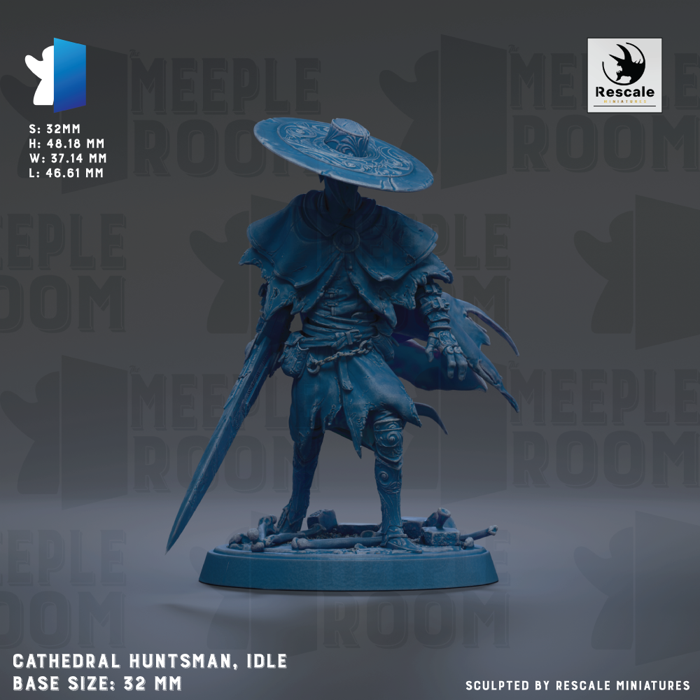 A figurine of a character named Cathedral Huntsman, an idle, is shown against a dark background. The figurine is described as a base size: 32mm tall and 18mm wide. The figurine is sculpted by Rescue Miniatures.
