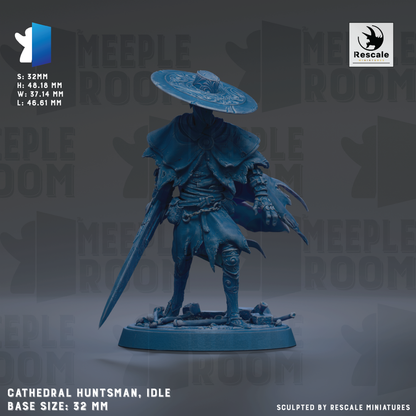 A figurine of a character named Cathedral Huntsman, an idle, is shown against a dark background. The figurine is described as a base size: 32mm tall and 18mm wide. The figurine is sculpted by Rescue Miniatures.
