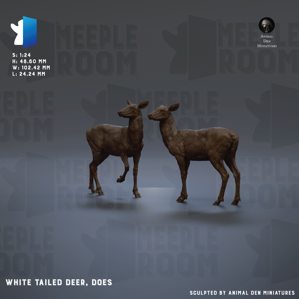 two white-tailed deer statues, one standing and one in mid-stride, against a dark background with repeated text and logos.