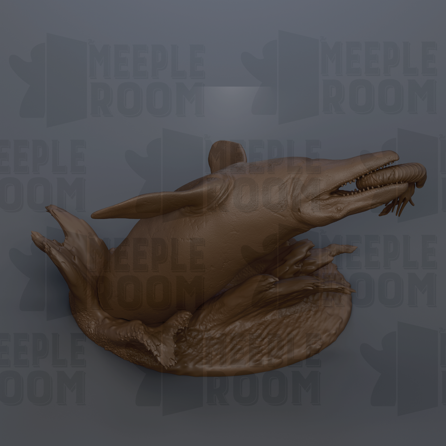 A 3D rendering of a shark or sea creature, possibly a shark or a similar marine animal, with its mouth open and teeth visible. The image appears to be a sculpture or model, and the background is a dark gray color.