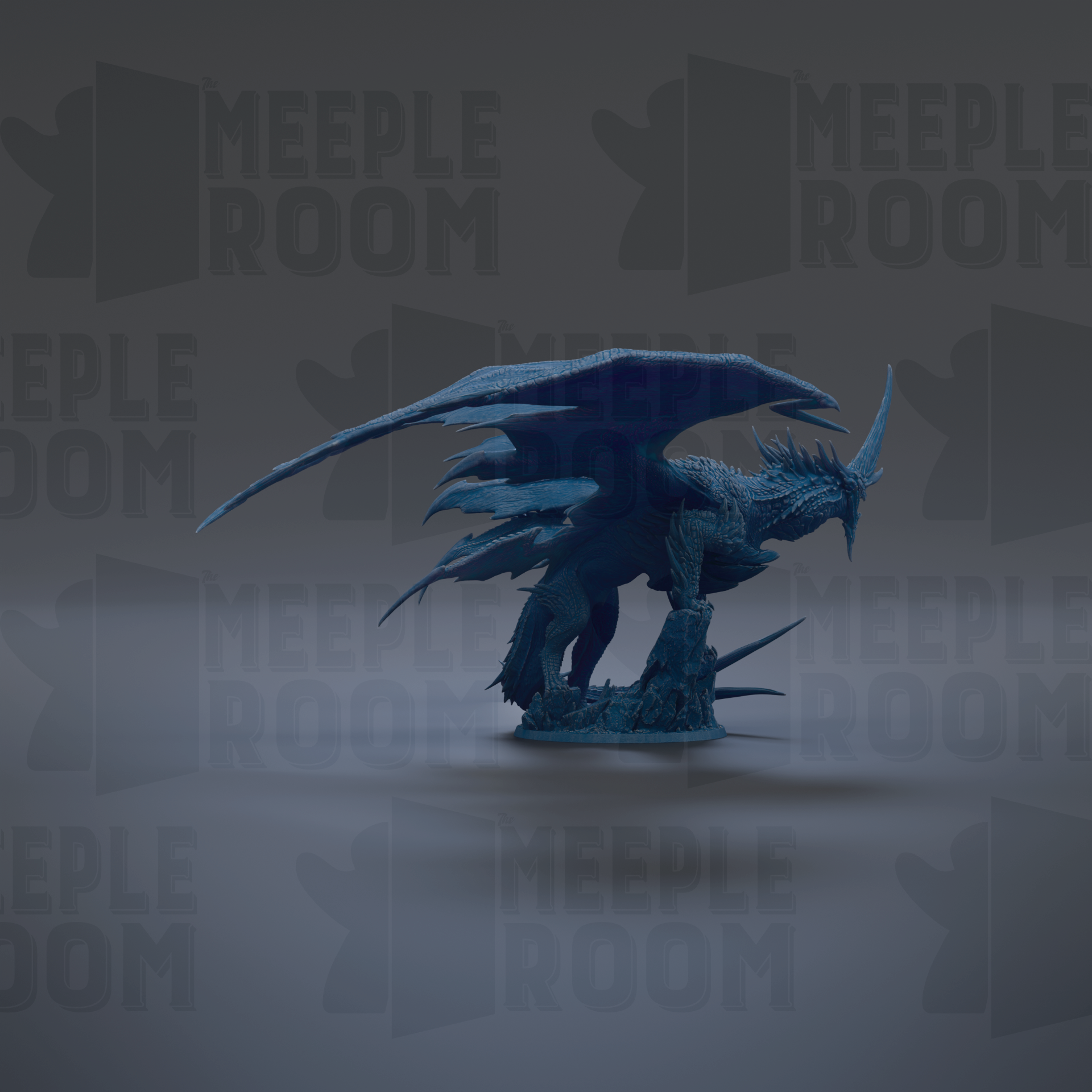 A blue dragon figurine with wings spread, standing on a gray surface against a dark background with repeated text.
