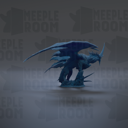 A blue dragon figurine with wings spread, standing on a gray surface against a dark background with repeated text.