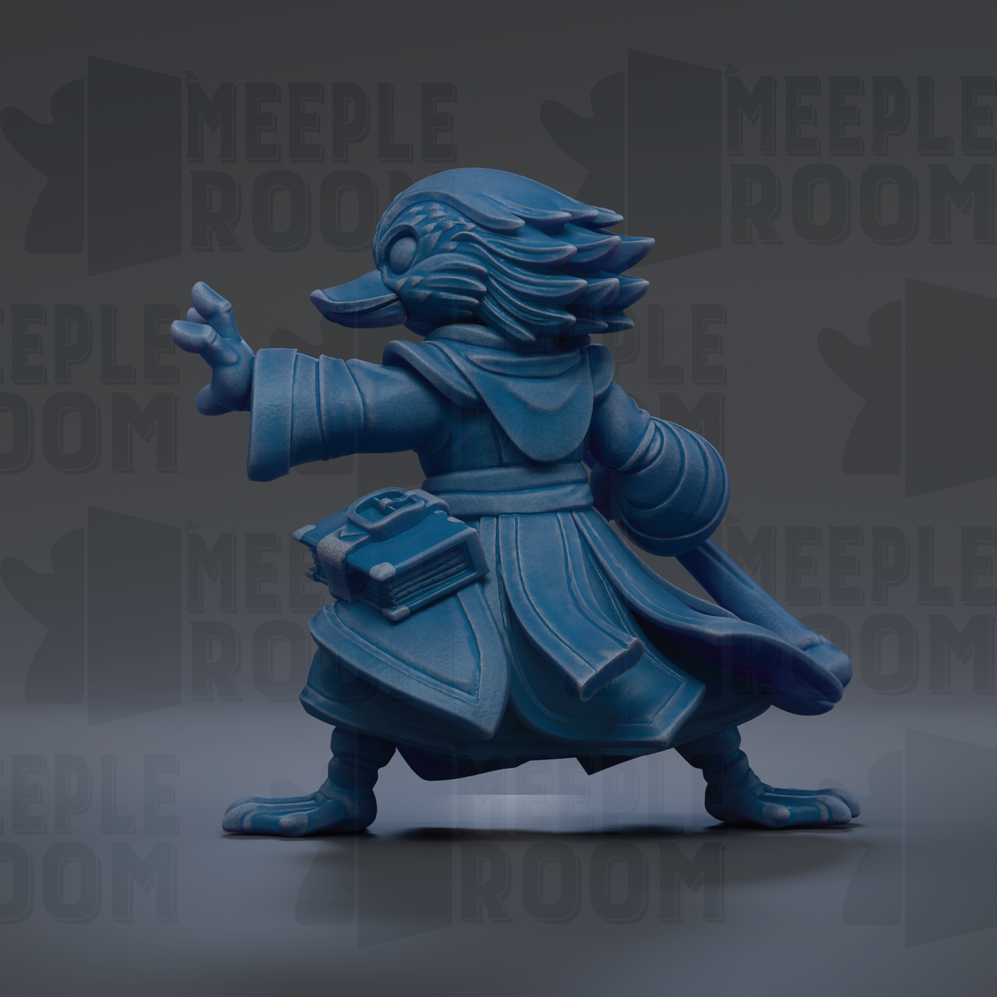 A blue, fantastical creature resembling a dragon or serpent, with a flowing, ornate costume and holding a book or object in its hand.