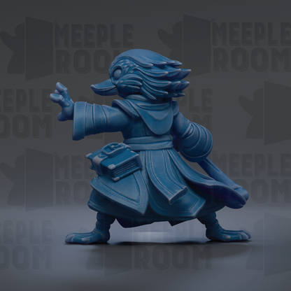 A blue, fantastical creature resembling a dragon or serpent, with a flowing, ornate costume and holding a book or object in its hand.