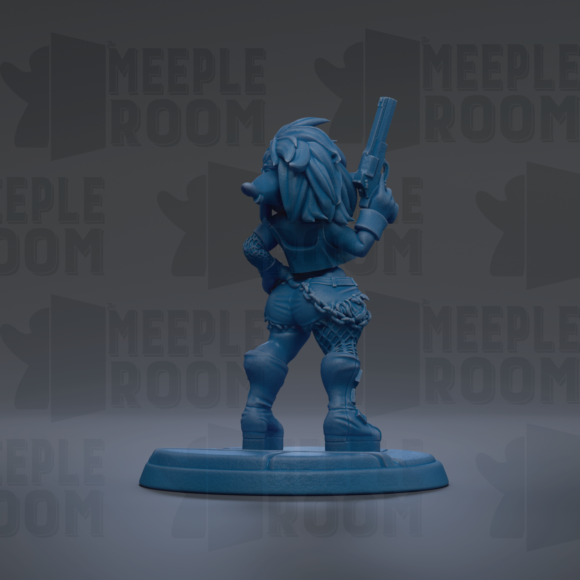 A blue figurine of a character holding a gun, standing on a base against a dark background with repeated text.
