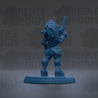 A blue figurine of a character holding a gun, standing on a base against a dark background with repeated text.