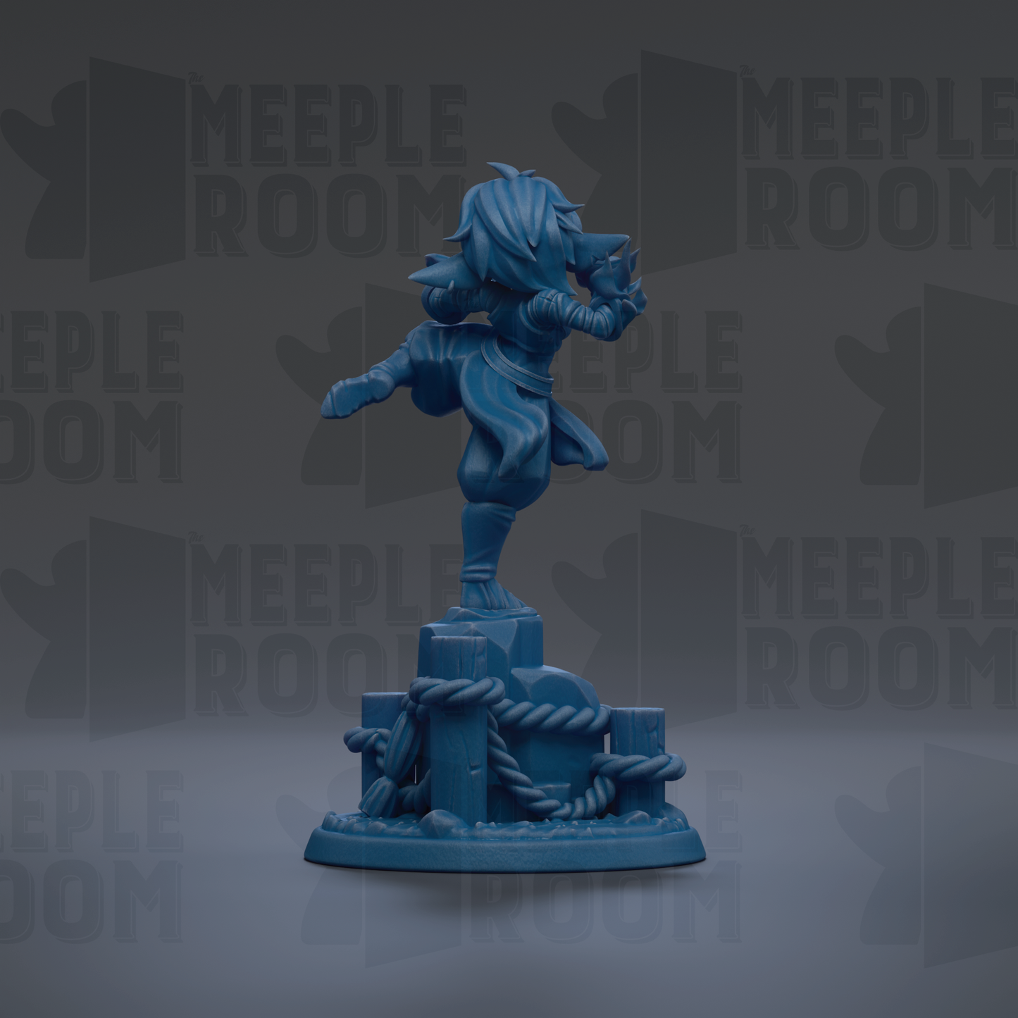 A blue figurine of a person standing on a platform with a rope and a small object in front of it.