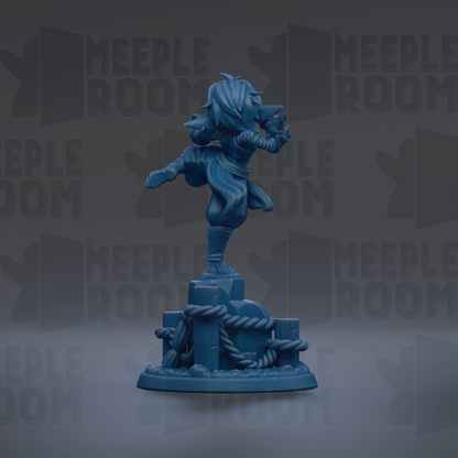 A blue figurine of a person standing on a platform with a rope and a small object in front of it.