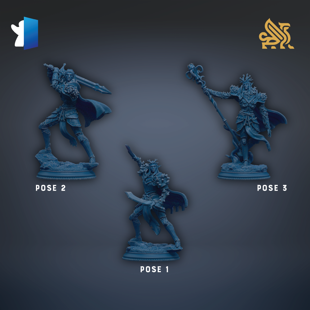three blue figurines of characters, each with different poses, arranged against a dark background.
