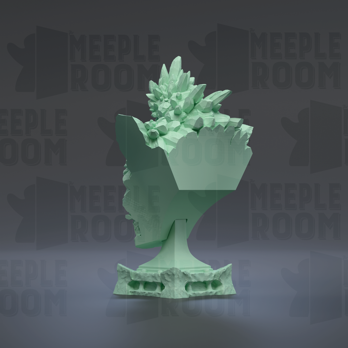 A 3D rendering of a green, abstract sculpture with a textured surface and a pointed top, set against a dark background with repeated text.