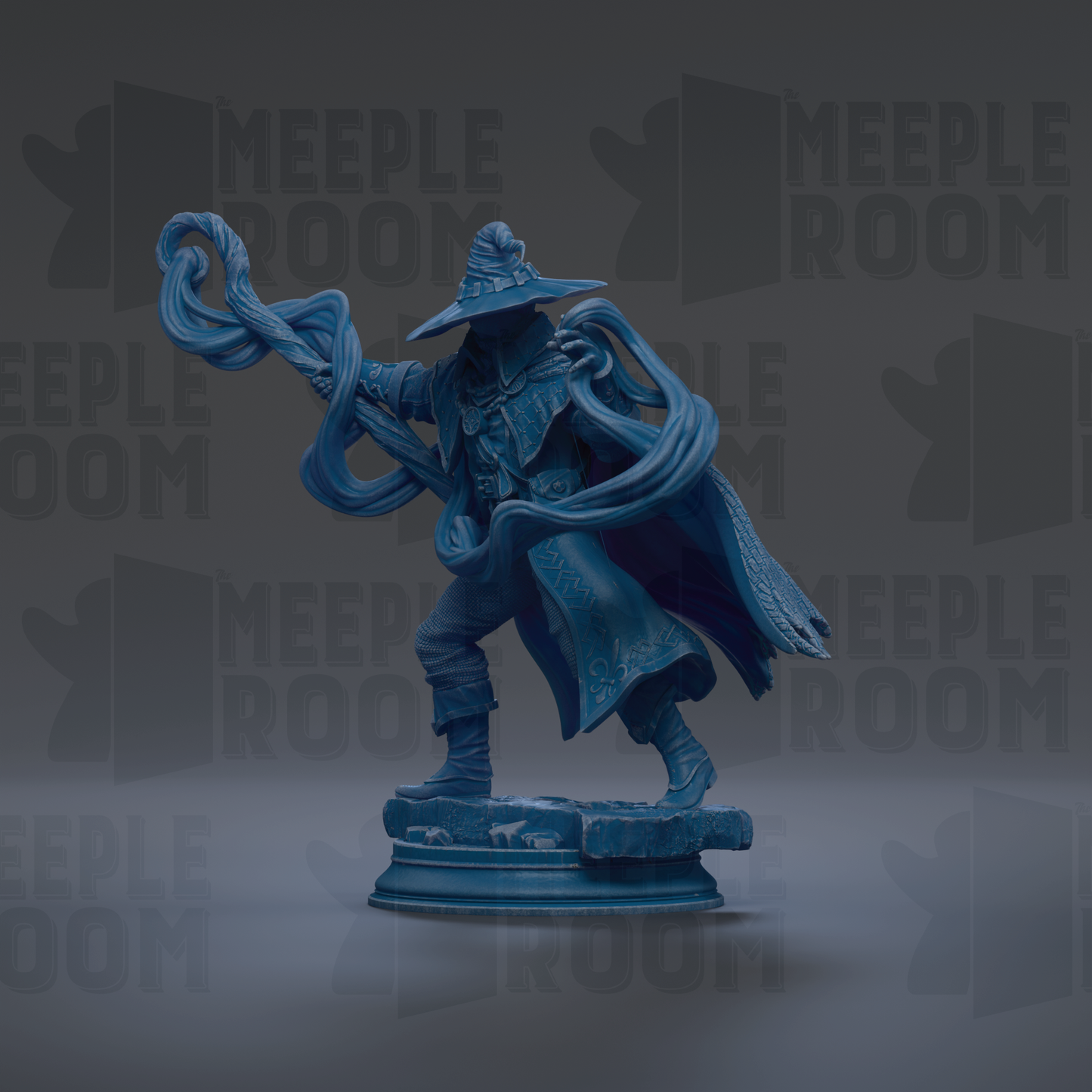 A blue statue of a wizard or magical figure, holding a staff and wearing a hat, is the central focus of the image.
